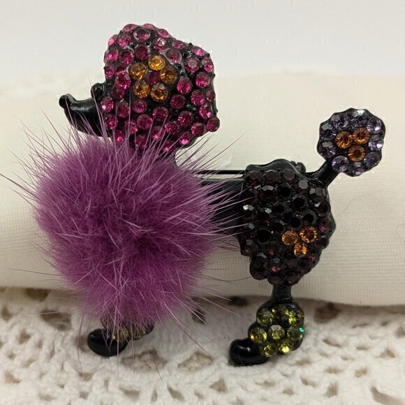Colorful Rhinestone Poodle Brooch with Purple Fur Pom-Pom - Picture 1 of 5